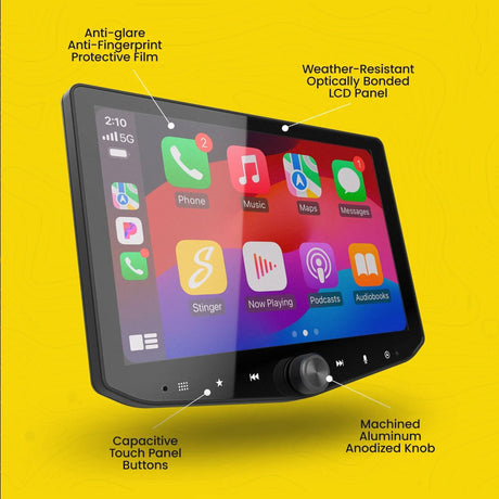 Stinger display feature graphic identifying protective film, an optically bonded LCD, capacitive buttons and an aluminum knob