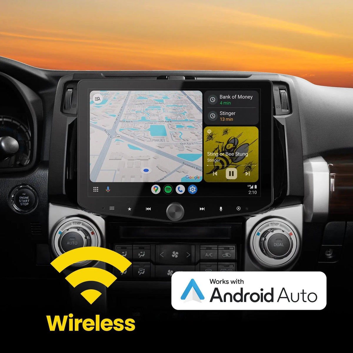 Installed Stinger touchscreen showing navigation and music in a wireless Android Auto graphic
