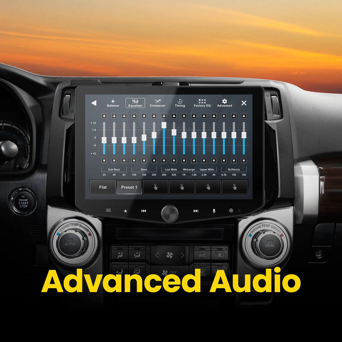 Stinger advanced-audio graphic showing an equalizer with frequency sliders on the installed touchscreen