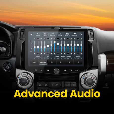 Stinger advanced-audio graphic showing an equalizer with frequency sliders on the installed touchscreen