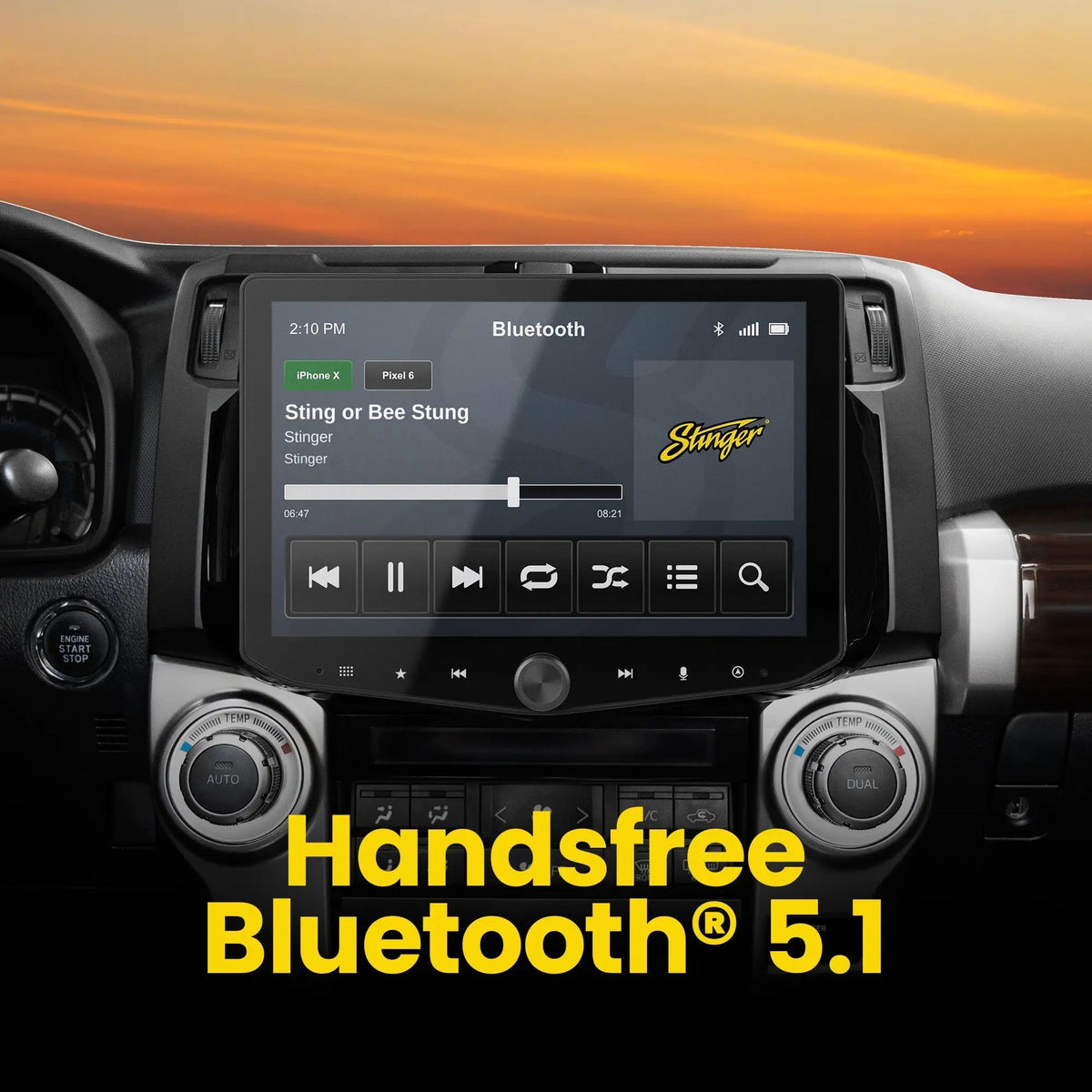 Stinger dashboard touchscreen showing music playback in a hands-free Bluetooth 5.1 graphic