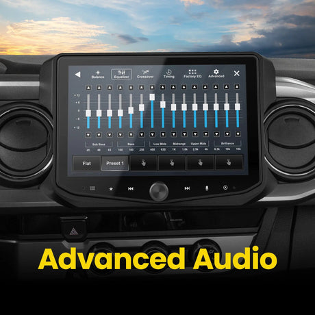 Installed Stinger touchscreen showing a multiband equalizer under an Advanced Audio heading