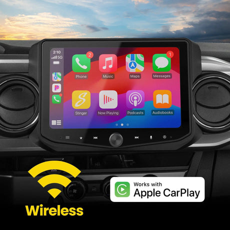 Stinger HORIZON10 installed in a Toyota Tacoma dashboard showing the wireless Apple CarPlay app screen