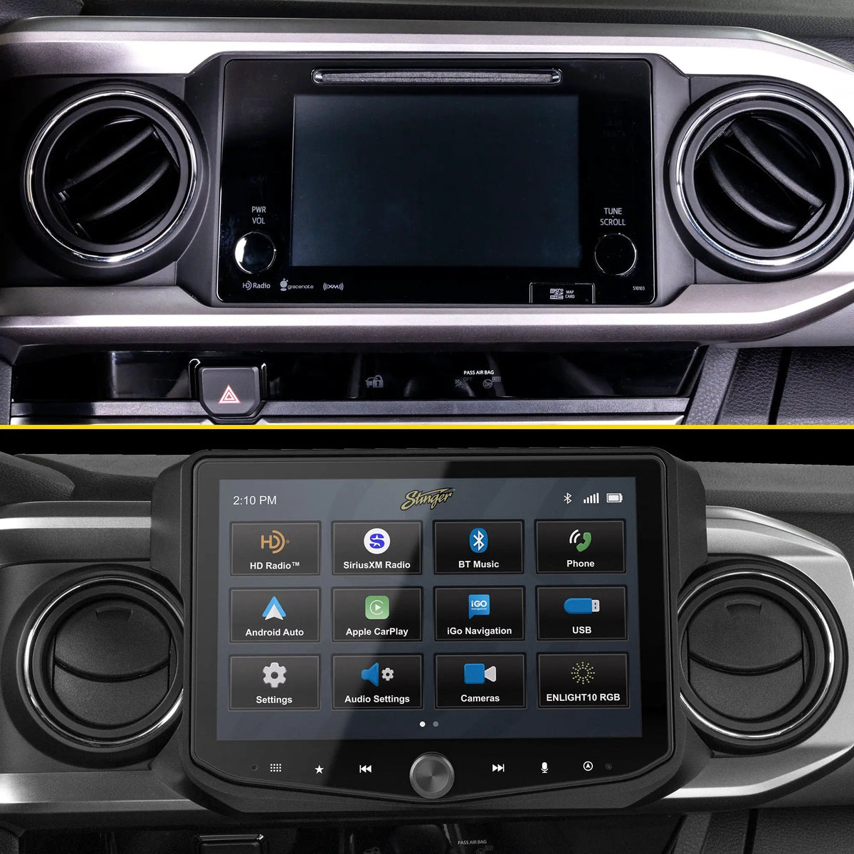 Before-and-after dashboard comparison showing the factory radio replaced by a Stinger touchscreen with source icons