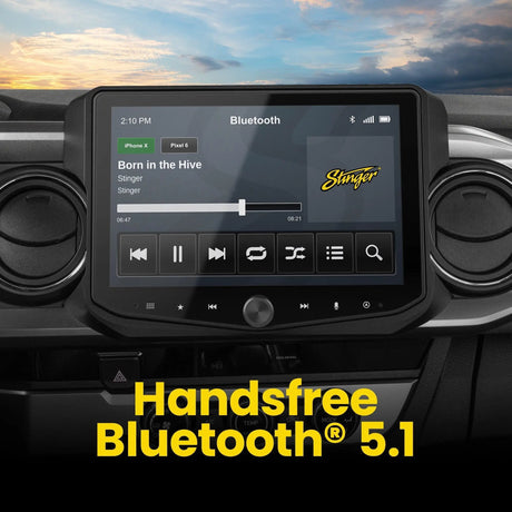 Stinger dashboard touchscreen showing music playback in a hands-free Bluetooth 5.1 graphic