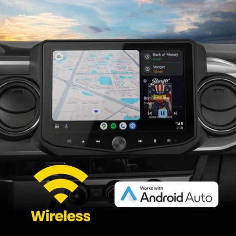 Installed Stinger touchscreen showing navigation and music in a wireless Android Auto graphic
