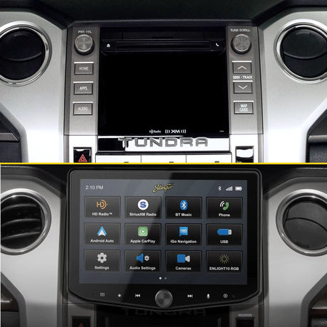 Toyota Tundra dashboard comparison showing the factory radio above the installed Stinger HORIZON10 touchscreen