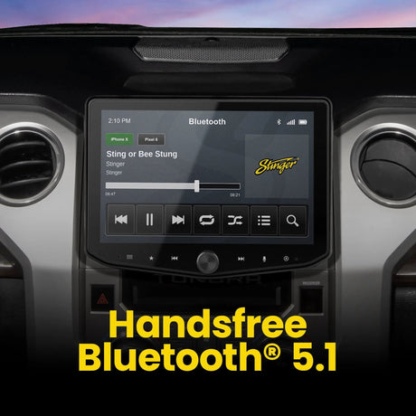 Stinger HORIZON10 in a Toyota Tundra dashboard showing Bluetooth music playback