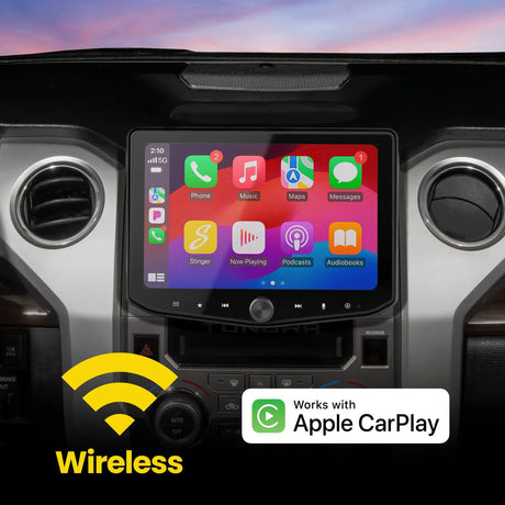 Installed Stinger touchscreen showing Apple CarPlay apps in a wireless CarPlay graphic