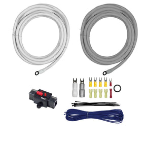 White and gray cable coils with ring terminals, a resettable breaker, connectors and blue wire