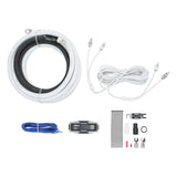Amplifier wiring kit with white and dark cables, white RCA cable, fuse holder, blue wire and connectors
