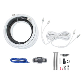 Amplifier wiring kit with white and dark cables, white RCA cable, fuse holder, blue wire and connectors