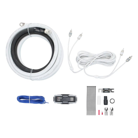 Amplifier wiring kit with white and dark cables, white RCA cable, fuse holder, blue wire and connectors