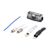 Amplifier wiring-kit detail with covered fuse holder, RCA plugs and ring-terminal power leads