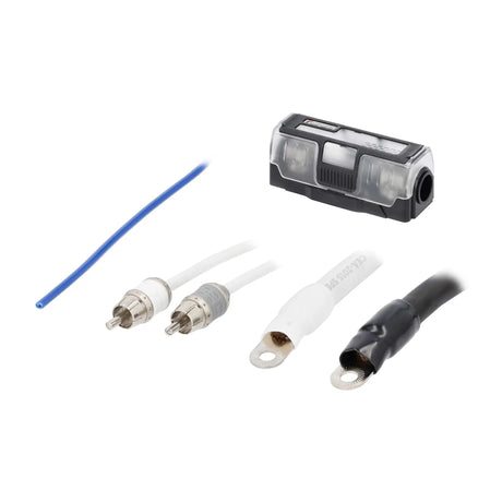 Amplifier wiring-kit detail with covered fuse holder, RCA plugs and ring-terminal power leads