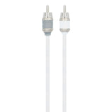 Close-up of two RCA plugs on a paired white cable