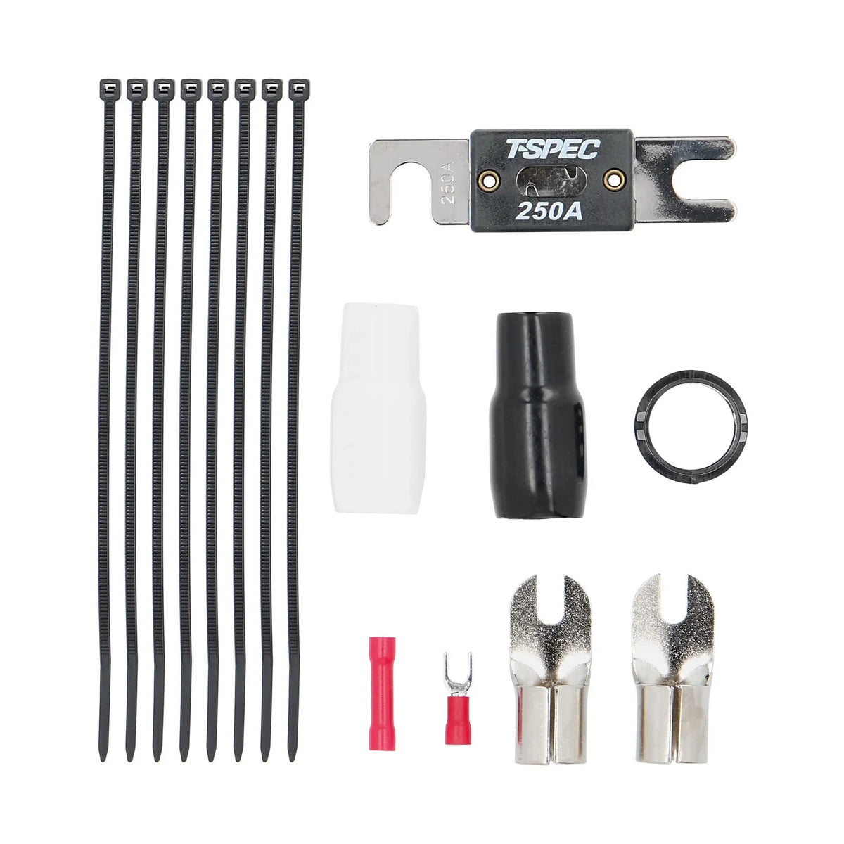 T-Spec installation accessories with a 250A fuse, cable ties, terminals, grommet and protective sleeves