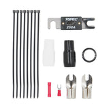 T-Spec installation accessories with a 250A fuse, cable ties, terminals, grommet and protective sleeves