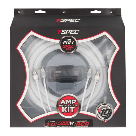 T-Spec V10-AK1 amplifier wiring kit in packaging marked 1/0 AWG with RCA interconnects