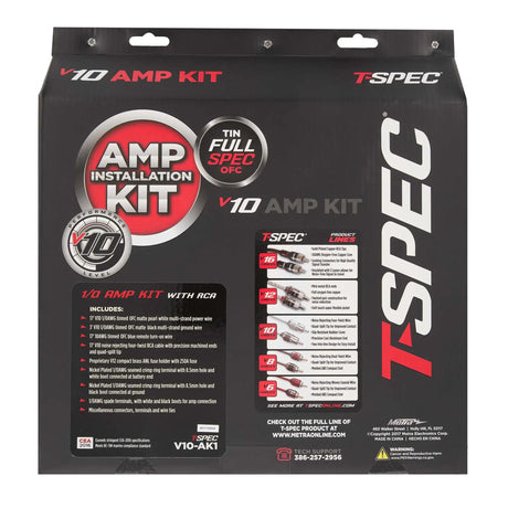 T-Spec V10-AK1 amplifier wiring kit retail packaging with installation-kit contents listed