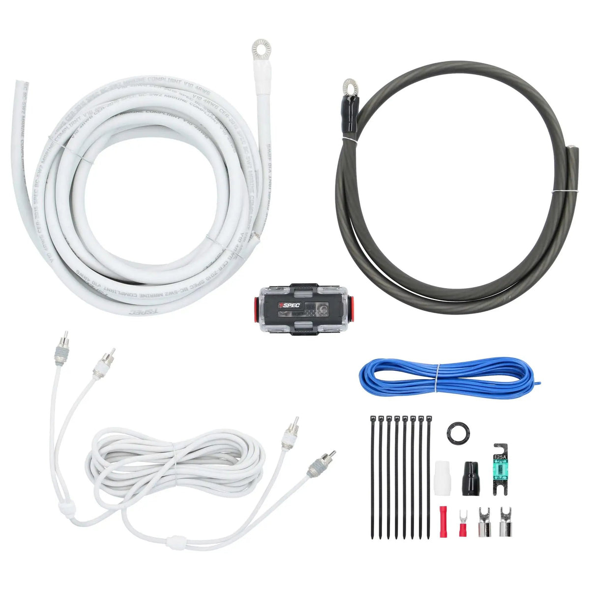 Amplifier wiring kit with white and black cable coils, RCA cable, fuse holder and installation hardware