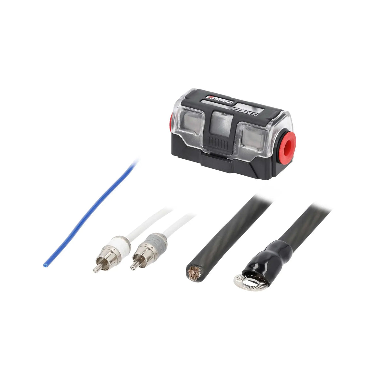 Amplifier wiring-kit detail with covered fuse holder, RCA plugs and black cable ends