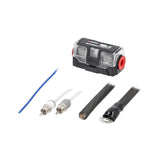 Amplifier wiring-kit detail with covered fuse holder, RCA plugs and black cable ends