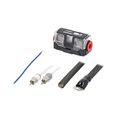 Amplifier wiring-kit detail with covered fuse holder, RCA plugs and black cable ends