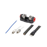 Amplifier wiring-kit detail with exposed fuse terminals, RCA plugs and black cable ends
