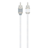 Two clear RCA plugs on white audio cables