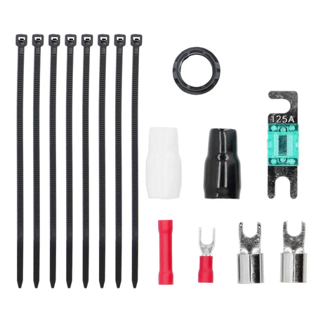 T-Spec installation accessories with a 125A fuse, cable ties, terminals, grommet and protective sleeves