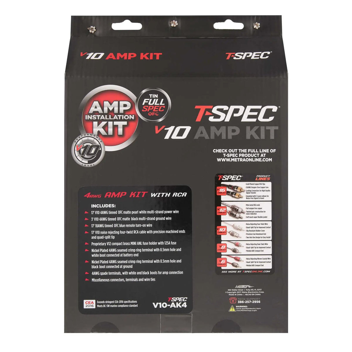 T-Spec V10-AK4 package back listing power, ground, remote and RCA cables with a 125-amp fuse