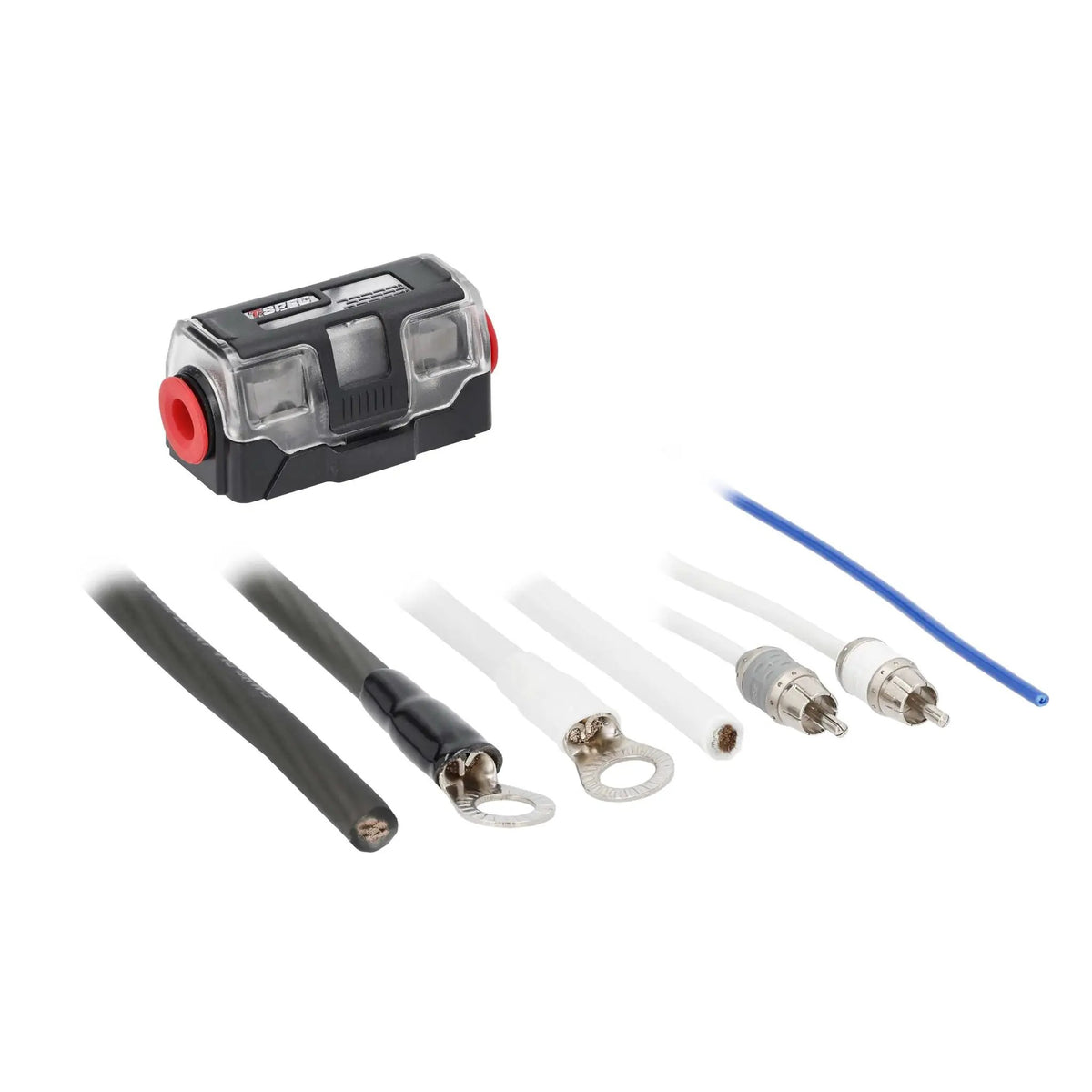 Amplifier wiring components with a covered fuse holder, RCA plugs, ring terminals and cable ends