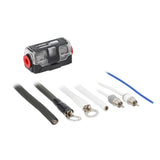 Amplifier wiring components with a covered fuse holder, RCA plugs, ring terminals and cable ends