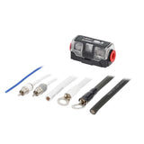 Alternate view of amplifier wiring components with covered fuse holder, RCA plugs and ring terminals