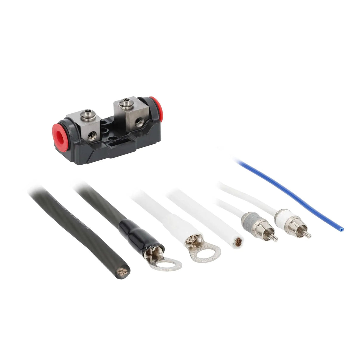 Amplifier wiring components with fuse holder cover removed, RCA plugs and ring terminals