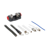 Amplifier wiring components with fuse holder cover removed, RCA plugs and ring terminals