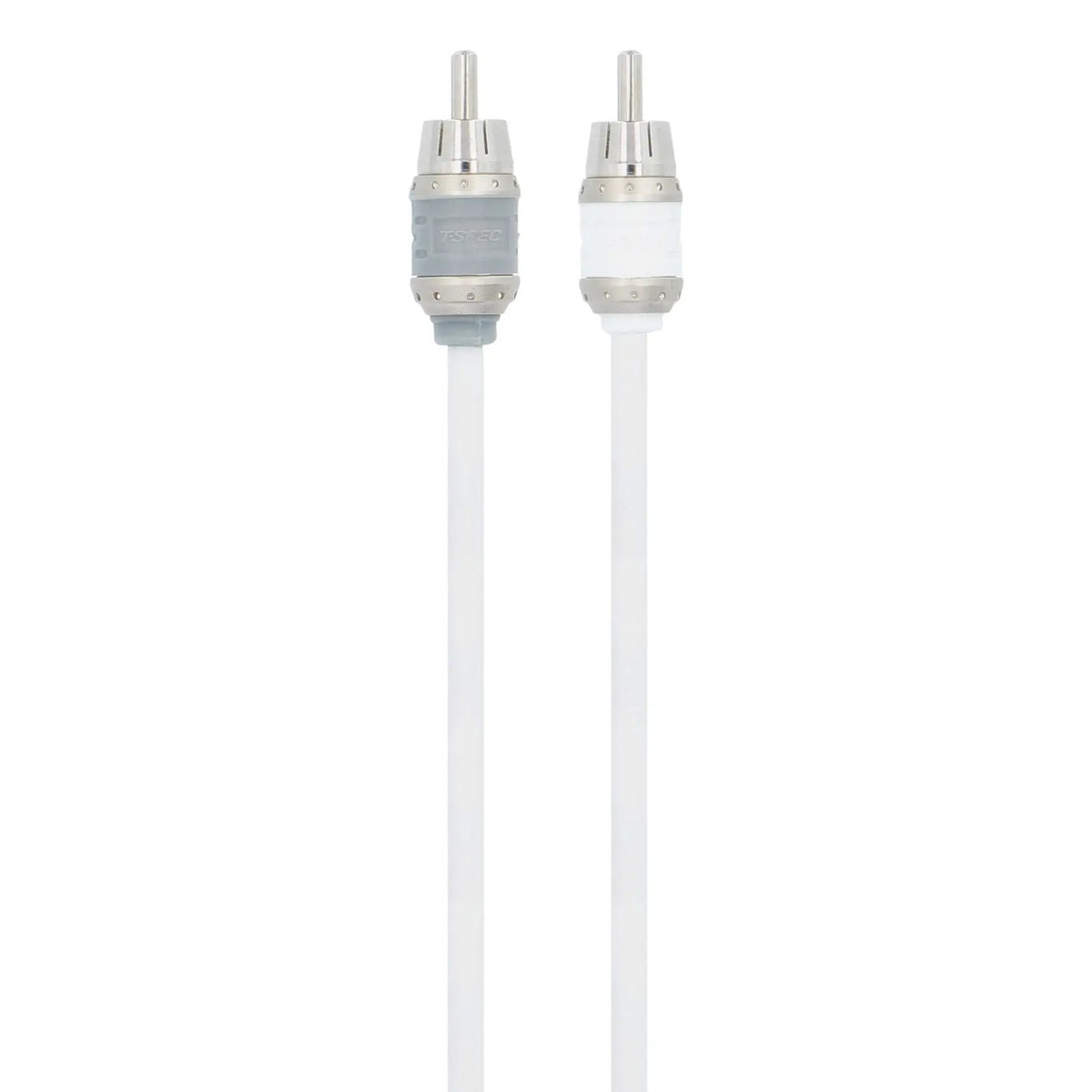 Two clear RCA plugs on white audio cables