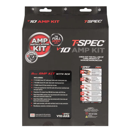 T-Spec V10-AK8 amplifier wiring kit retail packaging with installation-kit contents listed