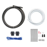 Wiring kit arranged with dark and white cable coils, two terminal blocks, blue wire, connectors and cable ties