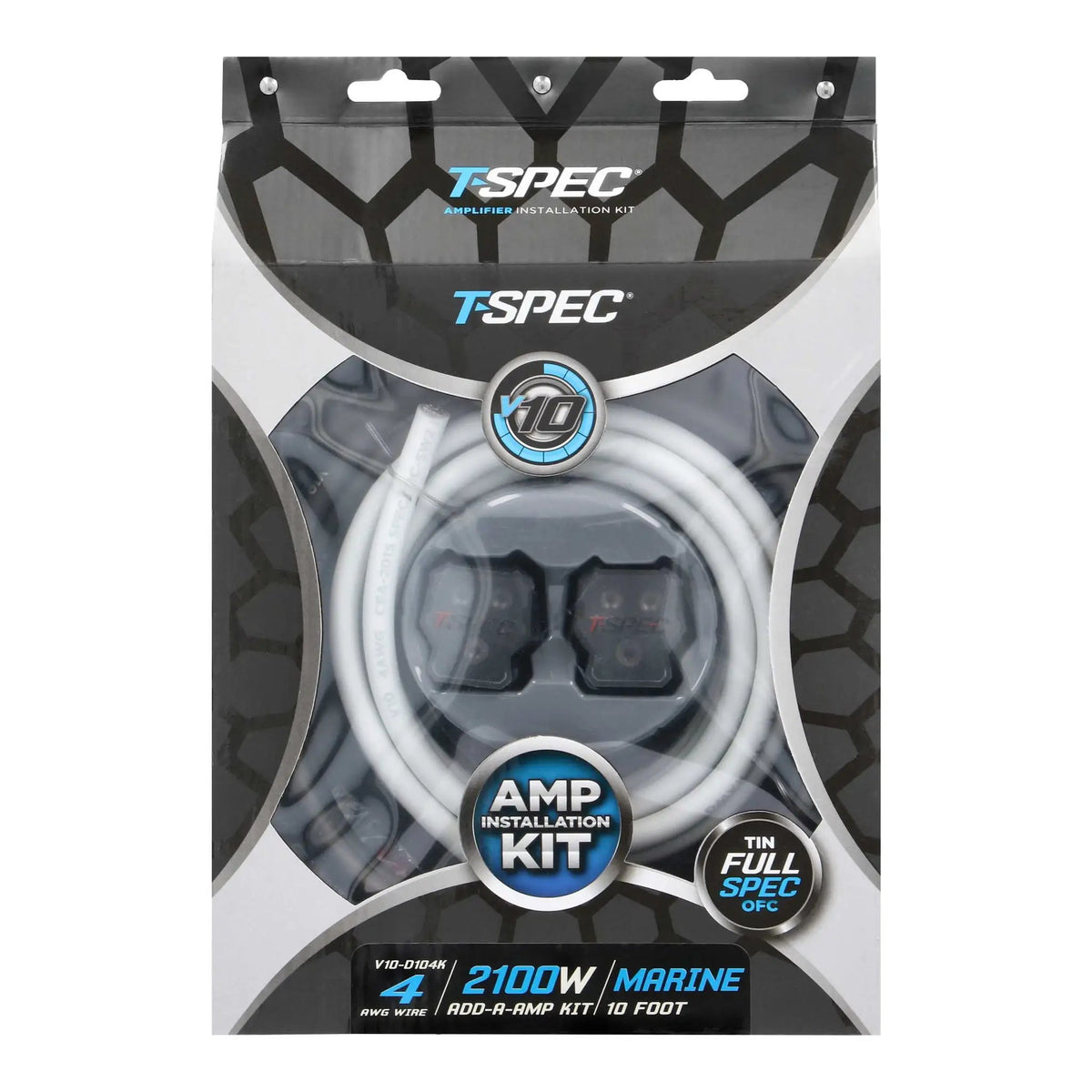 T-Spec marine amplifier wiring kit in its clear-front retail packaging