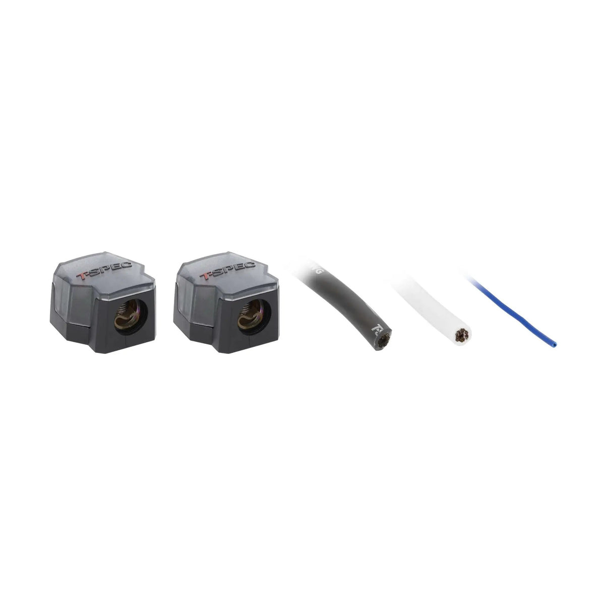 Two covered power distribution blocks with black and white cable ends and a blue wire