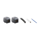 Two covered power distribution blocks with black and white cable ends and a blue wire