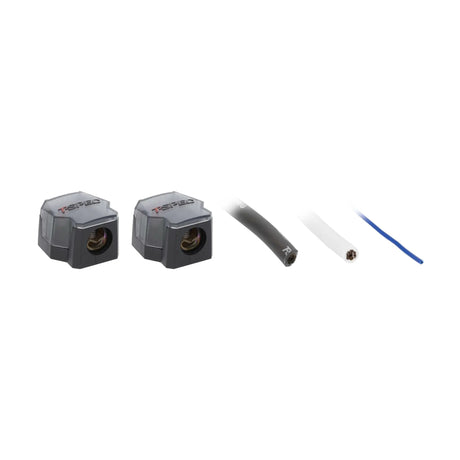 Two covered power distribution blocks with black and white cable ends and a blue wire