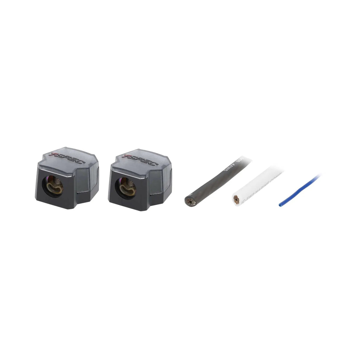 Two covered power distribution blocks with black, white and blue wire ends