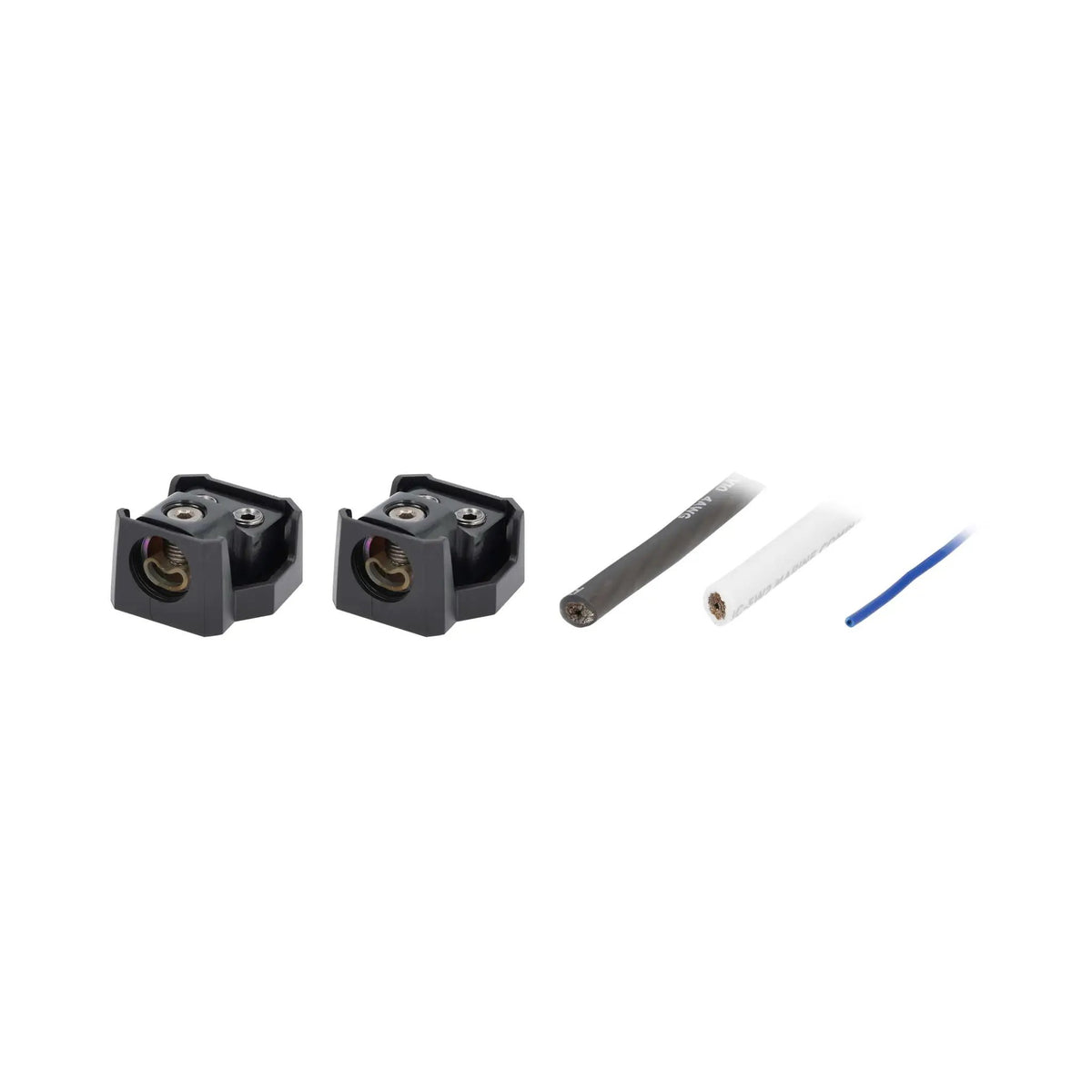 Angled view of two uncovered power distribution blocks with cable ends and a blue wire