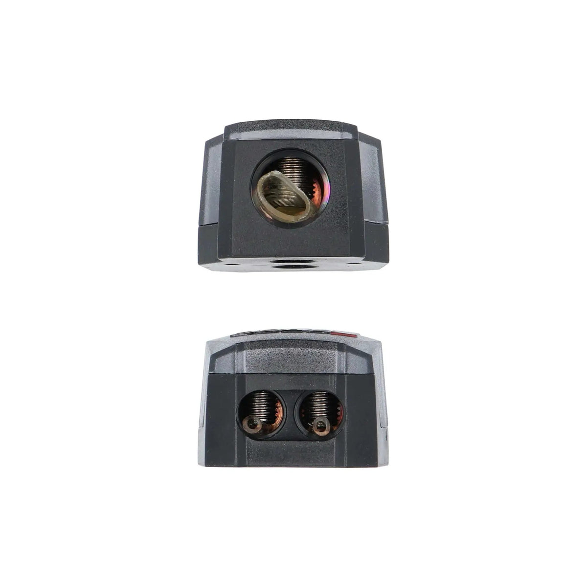 Two black T-Spec wire connection blocks showing their cable openings