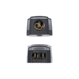 Two black T-Spec wire connection blocks showing their cable openings