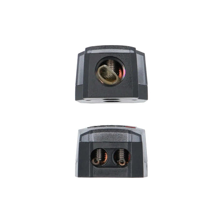 Two black T-Spec wire connection blocks showing their cable openings