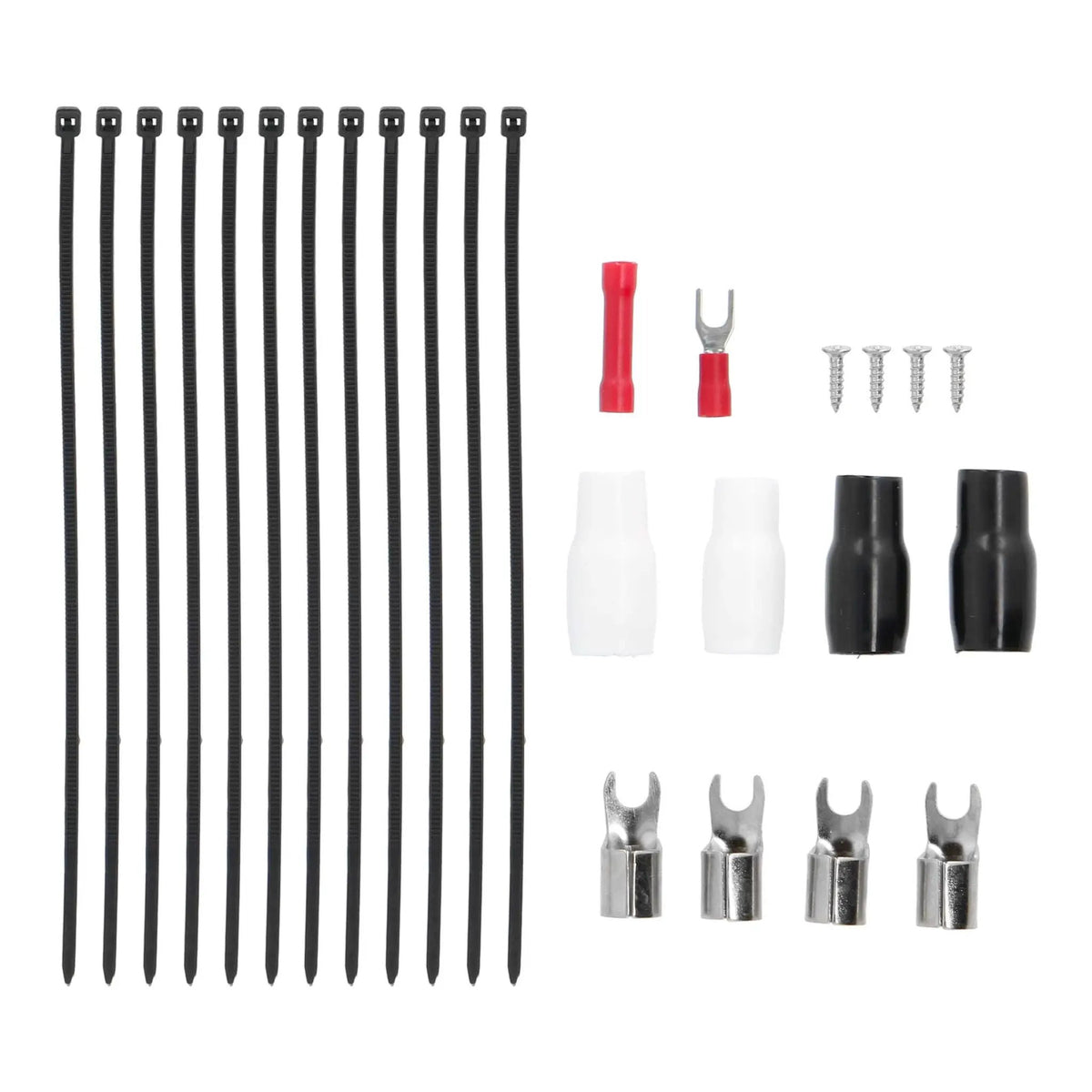 Amplifier wiring accessories laid out with cable ties, terminals, screws and protective sleeves